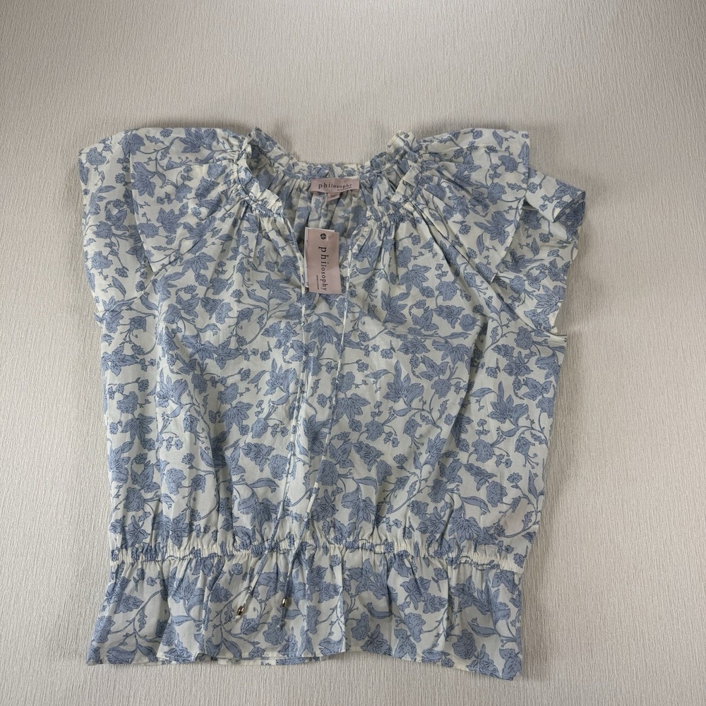 Philosophy Peasant Top Women's‎ XL Short Flutter Sleeves Blue White NWT